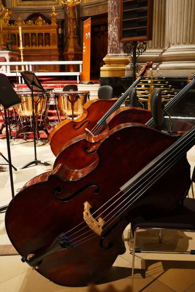 Ein Cello vor den Stühlen für ein Orchester